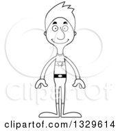Lineart Clipart Of A Cartoon Black And White Happy Tall Skinny White Super Hero Man Royalty Free Outline Vector Illustration