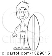 Lineart Clipart Of A Cartoon Black And White Happy Tall Skinny White Surfer Man Royalty Free Outline Vector Illustration