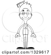 Lineart Clipart Of A Cartoon Black And White Happy Tall Skinny White Man Professor Royalty Free Outline Vector Illustration