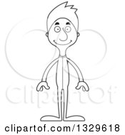 Lineart Clipart Of A Cartoon Black And White Happy Tall Skinny White Man In Footie Pajamas Royalty Free Outline Vector Illustration