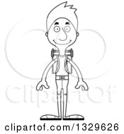 Lineart Clipart Of A Cartoon Black And White Happy Tall Skinny White Man Hiker Royalty Free Outline Vector Illustration