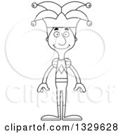 Lineart Clipart Of A Cartoon Black And White Happy Tall Skinny White Man Jester Royalty Free Outline Vector Illustration