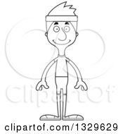 Lineart Clipart Of A Cartoon Black And White Happy Tall Skinny White Fitness Man Royalty Free Outline Vector Illustration