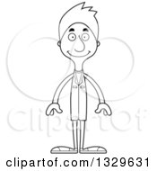 Lineart Clipart Of A Cartoon Black And White Happy Tall Skinny White Doctor Man Royalty Free Outline Vector Illustration