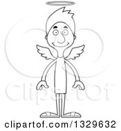 Lineart Clipart Of A Cartoon Black And White Happy Tall Skinny White Angel Man Royalty Free Outline Vector Illustration