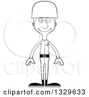 Lineart Clipart Of A Cartoon Black And White Happy Tall Skinny White Man Army Soldier Royalty Free Outline Vector Illustration