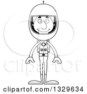 Lineart Clipart Of A Cartoon Black And White Happy Tall Skinny White Astronaut Man Royalty Free Outline Vector Illustration