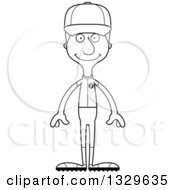 Lineart Clipart Of A Cartoon Black And White Happy Tall Skinny White Man Baseball Player Royalty Free Outline Vector Illustration