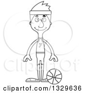 Lineart Clipart Of A Cartoon Black And White Happy Tall Skinny White Man Basketball Player Royalty Free Outline Vector Illustration
