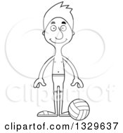 Lineart Clipart Of A Cartoon Black And White Happy Tall Skinny White Man Beach Volleyball Player Royalty Free Outline Vector Illustration
