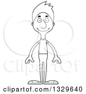 Lineart Clipart Of A Cartoon Black And White Happy Tall Skinny White Casual Man Royalty Free Outline Vector Illustration
