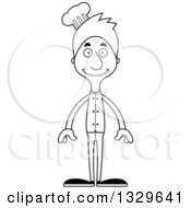 Lineart Clipart Of A Cartoon Black And White Happy Tall Skinny White Chef Man Royalty Free Outline Vector Illustration