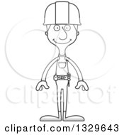 Lineart Clipart Of A Cartoon Black And White Happy Tall Skinny White Construction Worker Man Royalty Free Outline Vector Illustration