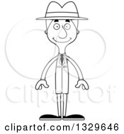 Lineart Clipart Of A Cartoon Black And White Happy Tall Skinny White Detective Man Royalty Free Outline Vector Illustration