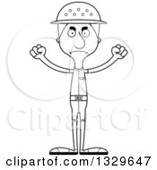 Lineart Clipart Of A Cartoon Black And White Angry Tall Skinny White Zookeeper Man Royalty Free Outline Vector Illustration