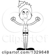 Lineart Clipart Of A Cartoon Black And White Angry Tall Skinny White Christmas Elf Man Royalty Free Outline Vector Illustration