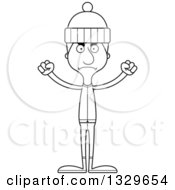 Lineart Clipart Of A Cartoon Black And White Angry Tall Skinny White Man In Winter Clothes Royalty Free Outline Vector Illustration