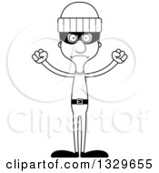 Lineart Clipart Of A Cartoon Black And White Angry Tall Skinny White Robber Man Royalty Free Outline Vector Illustration