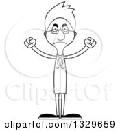 Lineart Clipart Of A Cartoon Black And White Angry Tall Skinny White Scientist Man Royalty Free Outline Vector Illustration