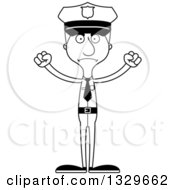 Lineart Clipart Of A Cartoon Black And White Angry Tall Skinny White Man Police Officer Royalty Free Outline Vector Illustration