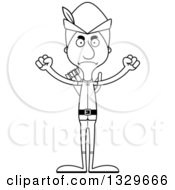 Lineart Clipart Of A Cartoon Black And White Angry Tall Skinny White Robin Hood Man Royalty Free Outline Vector Illustration