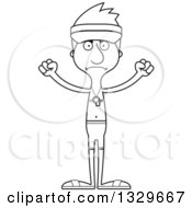 Lineart Clipart Of A Cartoon Black And White Angry Tall Skinny White Lifeguard Man Royalty Free Outline Vector Illustration