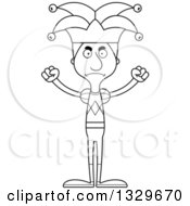 Lineart Clipart Of A Cartoon Black And White Angry Tall Skinny White Man Jester Royalty Free Outline Vector Illustration