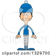 Cartoon Happy Tall Skinny Hispanic Man In Winter Clothes