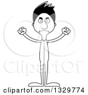 Lineart Clipart Of A Cartoon Black And White Angry Tall Skinny Hispanic Man In Footie Pajamas Royalty Free Outline Vector Illustration