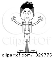 Lineart Clipart Of A Cartoon Black And White Angry Tall Skinny Hispanic Man Hiker Royalty Free Outline Vector Illustration