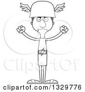 Lineart Clipart Of A Cartoon Black And White Angry Tall Skinny Hispanic Hermes Man Royalty Free Outline Vector Illustration
