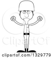 Lineart Clipart Of A Cartoon Black And White Angry Tall Skinny Hispanic Man Army Soldier Royalty Free Outline Vector Illustration