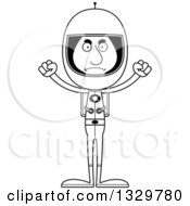 Lineart Clipart Of A Cartoon Black And White Angry Tall Skinny Hispanic Man Astronaut Royalty Free Outline Vector Illustration