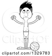 Lineart Clipart Of A Cartoon Black And White Angry Tall Skinny Hispanic Man Beach Volleyball Player Royalty Free Outline Vector Illustration