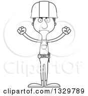 Lineart Clipart Of A Cartoon Black And White Angry Tall Skinny Hispanic Man Construction Worker Royalty Free Outline Vector Illustration