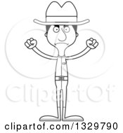 Lineart Clipart Of A Cartoon Black And White Angry Tall Skinny Hispanic Cowboy Man Royalty Free Outline Vector Illustration