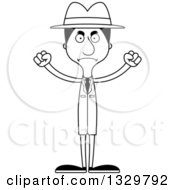 Lineart Clipart Of A Cartoon Black And White Angry Tall Skinny Hispanic Man Detective Royalty Free Outline Vector Illustration