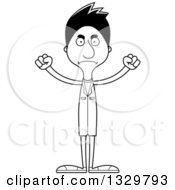 Lineart Clipart Of A Cartoon Black And White Angry Tall Skinny Hispanic Man Doctor Royalty Free Outline Vector Illustration