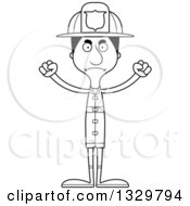 Lineart Clipart Of A Cartoon Black And White Angry Tall Skinny Hispanic Man Firefighter Royalty Free Outline Vector Illustration