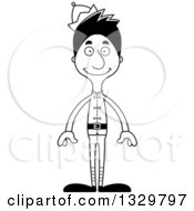 Lineart Clipart Of A Cartoon Black And White Happy Tall Skinny Hispanic Christmas Elf Man Royalty Free Outline Vector Illustration