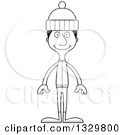 Lineart Clipart Of A Cartoon Black And White Happy Tall Skinny Hispanic Man In Winter Clothes Royalty Free Outline Vector Illustration