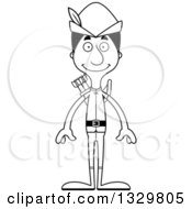 Lineart Clipart Of A Cartoon Black And White Happy Tall Skinny Hispanic Robin Hood Man Royalty Free Outline Vector Illustration