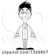 Lineart Clipart Of A Cartoon Black And White Happy Tall Skinny Hispanic Man Scientist Royalty Free Outline Vector Illustration