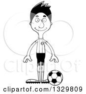Lineart Clipart Of A Cartoon Black And White Happy Tall Skinny Hispanic Man Soccer Player Royalty Free Outline Vector Illustration