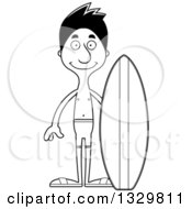 Lineart Clipart Of A Cartoon Black And White Happy Tall Skinny Hispanic Man Surfer Royalty Free Outline Vector Illustration