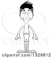 Lineart Clipart Of A Cartoon Black And White Happy Tall Skinny Hispanic Man Swimmer Royalty Free Outline Vector Illustration