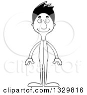 Lineart Clipart Of A Cartoon Black And White Happy Tall Skinny Hispanic Man In Footie Pajamas Royalty Free Outline Vector Illustration