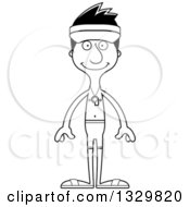 Lineart Clipart Of A Cartoon Black And White Happy Tall Skinny Hispanic Man Lifeguard Royalty Free Outline Vector Illustration
