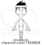 Lineart Clipart Of A Cartoon Black And White Happy Tall Skinny Hispanic Fitness Man Royalty Free Outline Vector Illustration