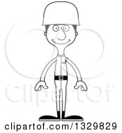 Lineart Clipart Of A Cartoon Black And White Happy Tall Skinny Hispanic Man Army Soldier Royalty Free Outline Vector Illustration